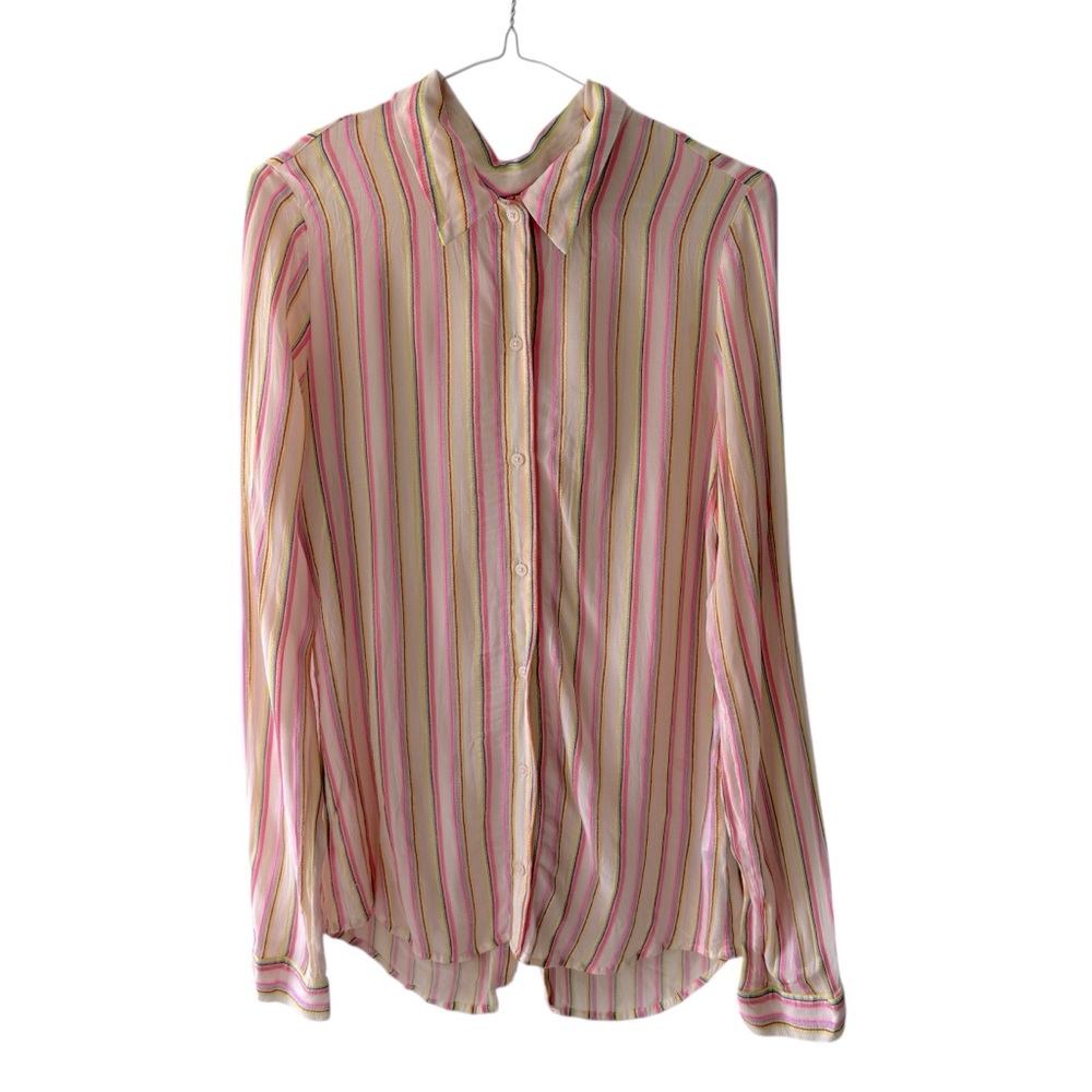J Brand Pink Striped Semi Sheer Colourful Button Up Shirt Women Size Large